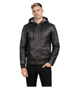 Nintenzo Brown Hooded Leather Bomber Jacket
