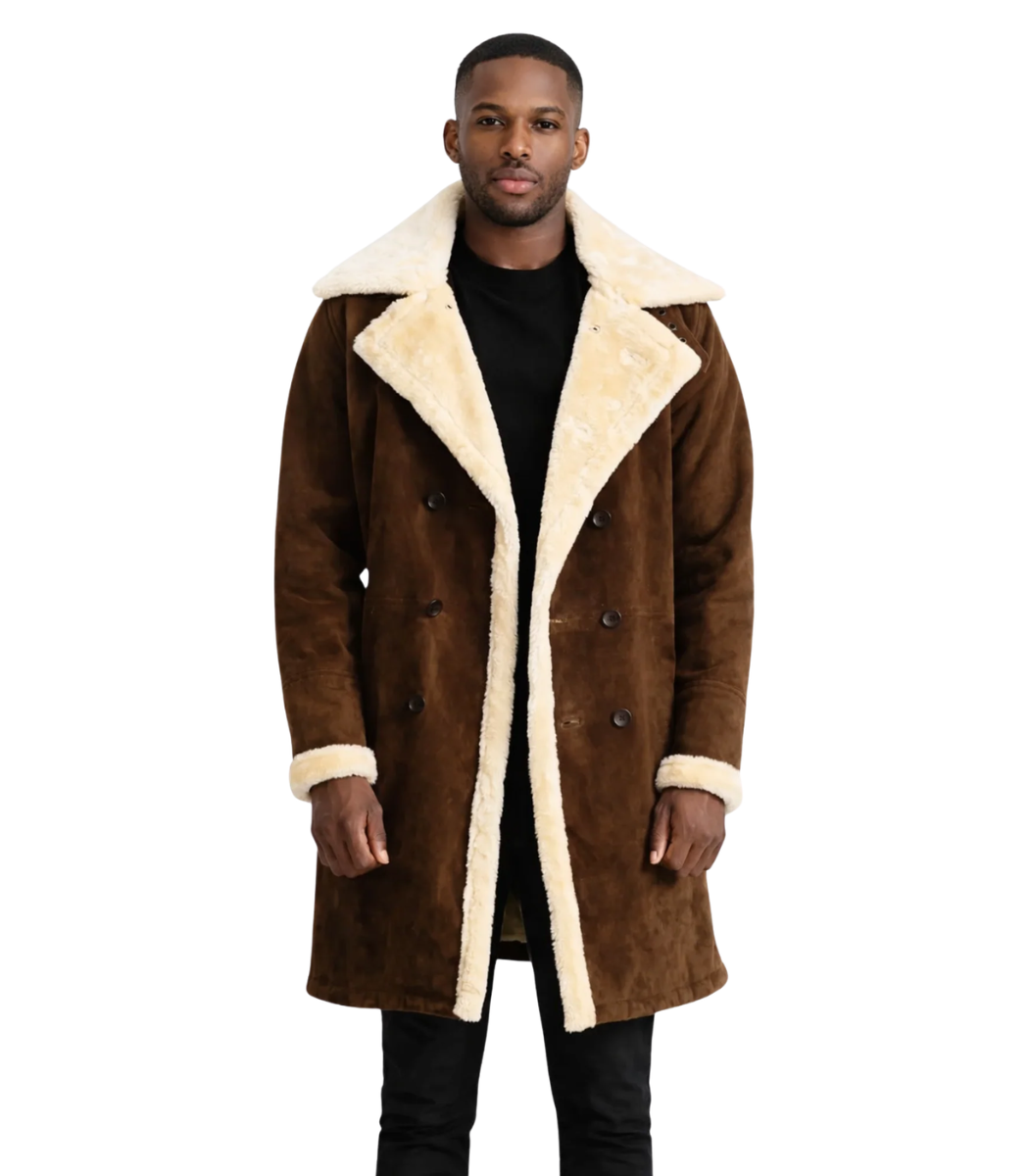 1 Charles Brown Suede Leather Shearling Double-Breasted Coat - Image 1