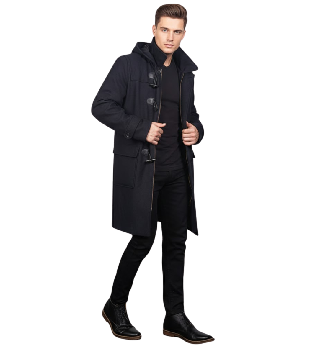 1 Drake Black Wool Hooded Duffle Coat - Image 1