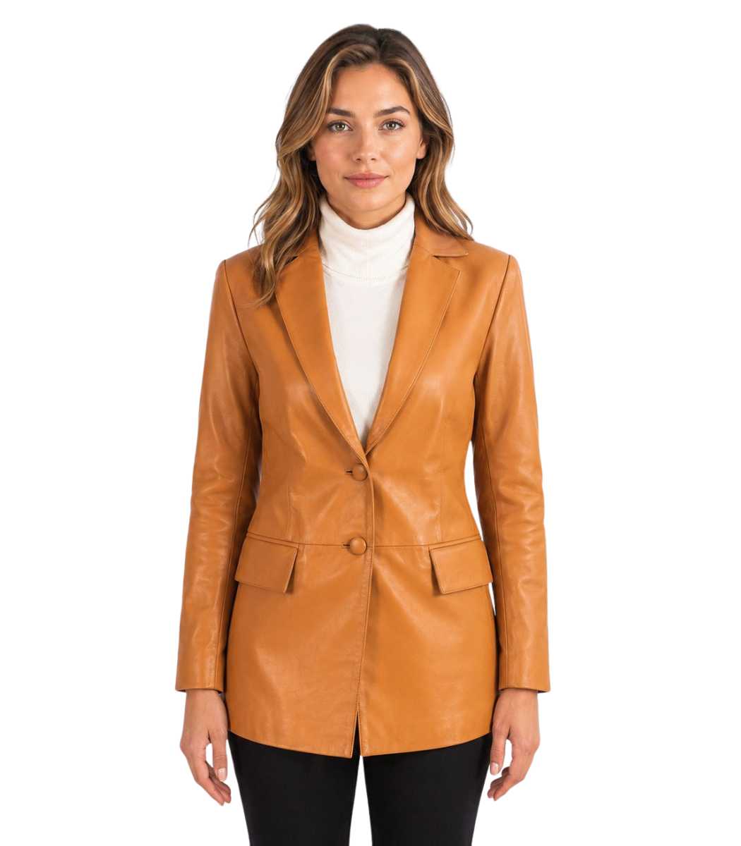 1 Women's Tan Brown Leather Blazer – Maja - Image 1
