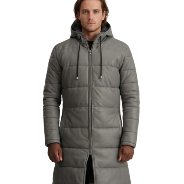 Men's Grey Hooded Leather Puffer Coat - Torger