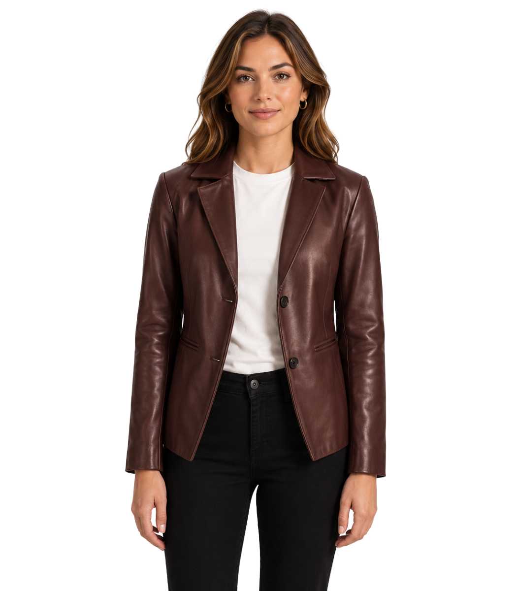 1 Ruby Metallic Maroon Leather Blazer - Image 1