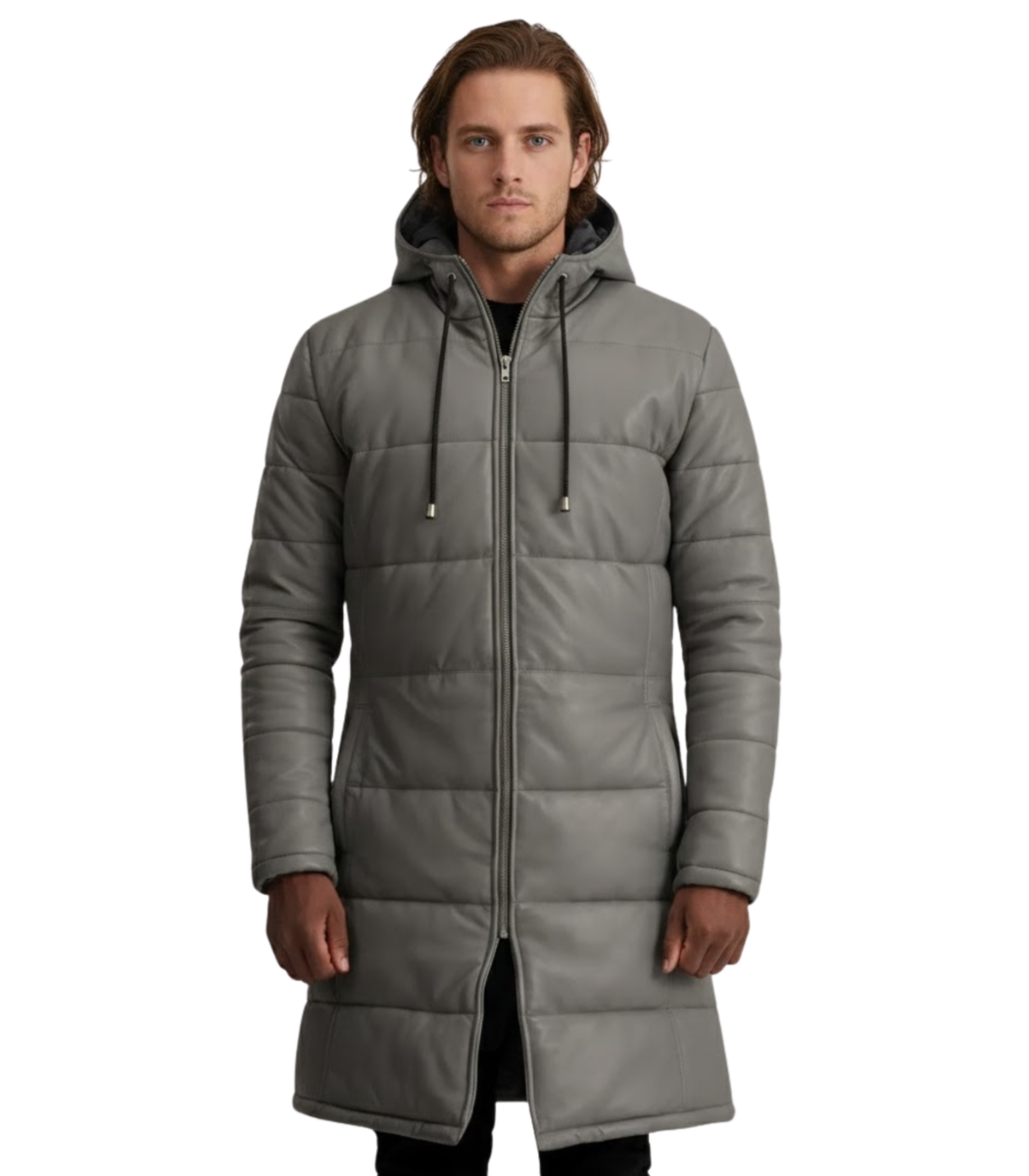 1 Men's Grey Hooded Leather Puffer Coat – Torger - Image 1