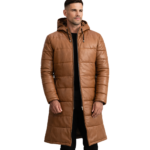 Floyd Tan Hooded Leather Puffer Coat
