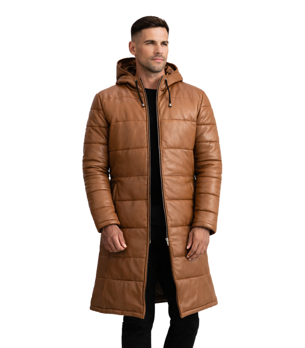 1 Floyd Tan Hooded Leather Puffer Coat - Image 1