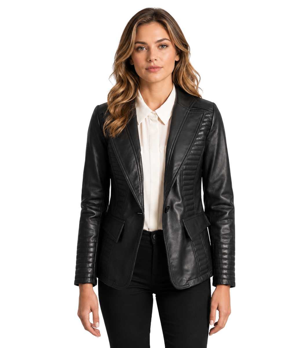 1 Selina Black Leather Blazer - Image 1