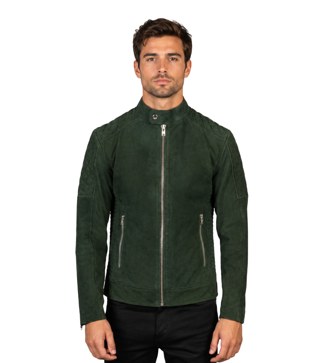 1 Fernando Quilted Green Suede Biker Jacket - Image 1