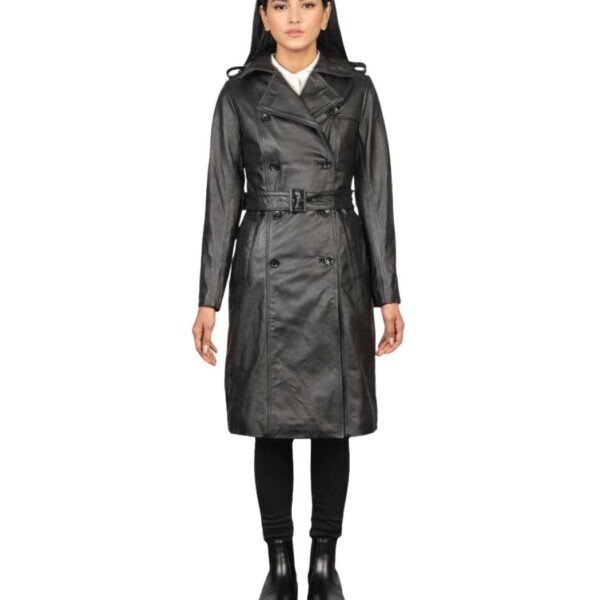 Women's Black Double-Breasted Leather Coat - Birgit
