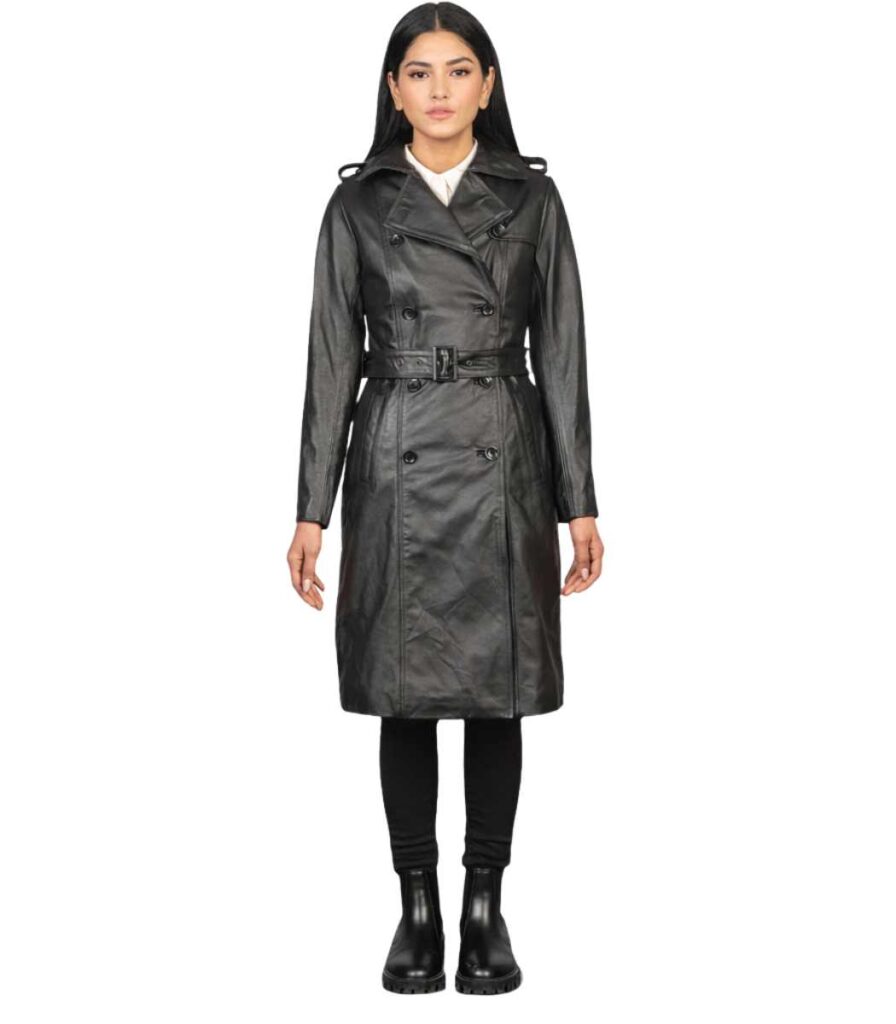Alice Black Double Breasted Leather Coat front