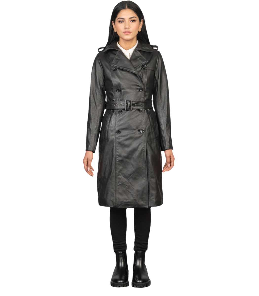 Alice Black Double Breasted Leather Coat Alice Black Double Breasted Leather Coat front