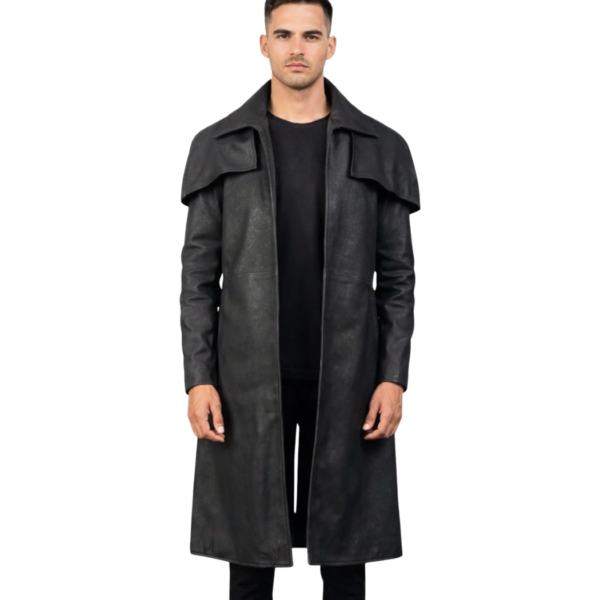 Men's Distressed Black Leather Duster Coat - Hroar