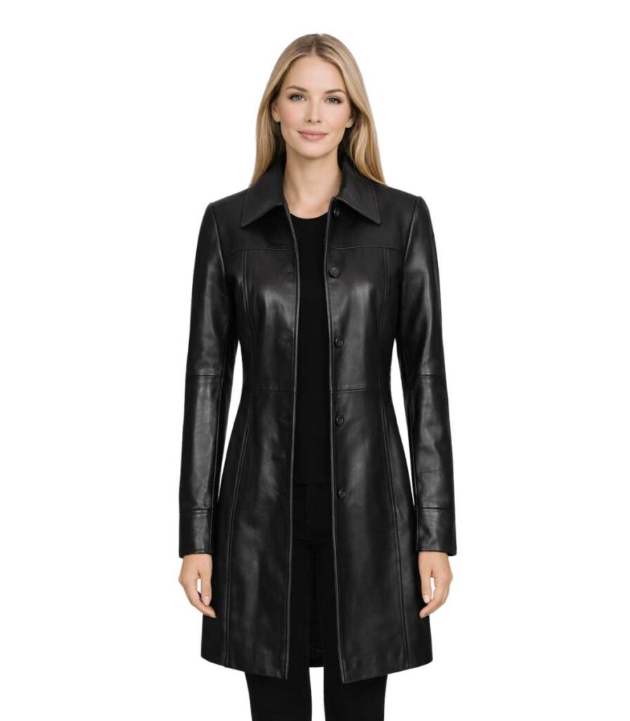 Kandis Womens Black Leather Car Coat