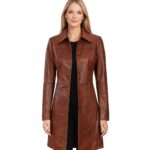 Kandis Womens Cognac Leather Car Coat