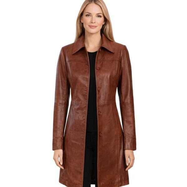 Women's Cognac Leather Car Coat - Silje
