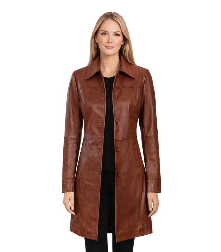 Kandis Womens Cognac Leather Car Coat