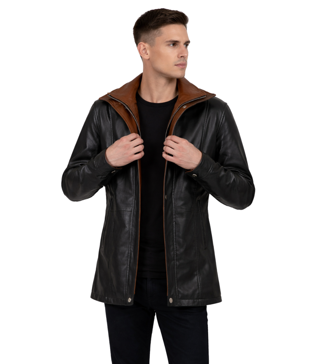 1 Connor Black Leather Coat - Image 1