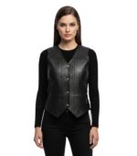 Ladies Black Motorcycle Ten Pocket Leather Biker Vest