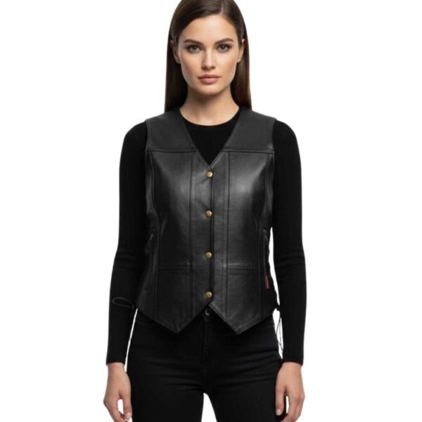 Women's Black Ten-Pocket Motorcycle Leather Biker Vest ? Dorte
