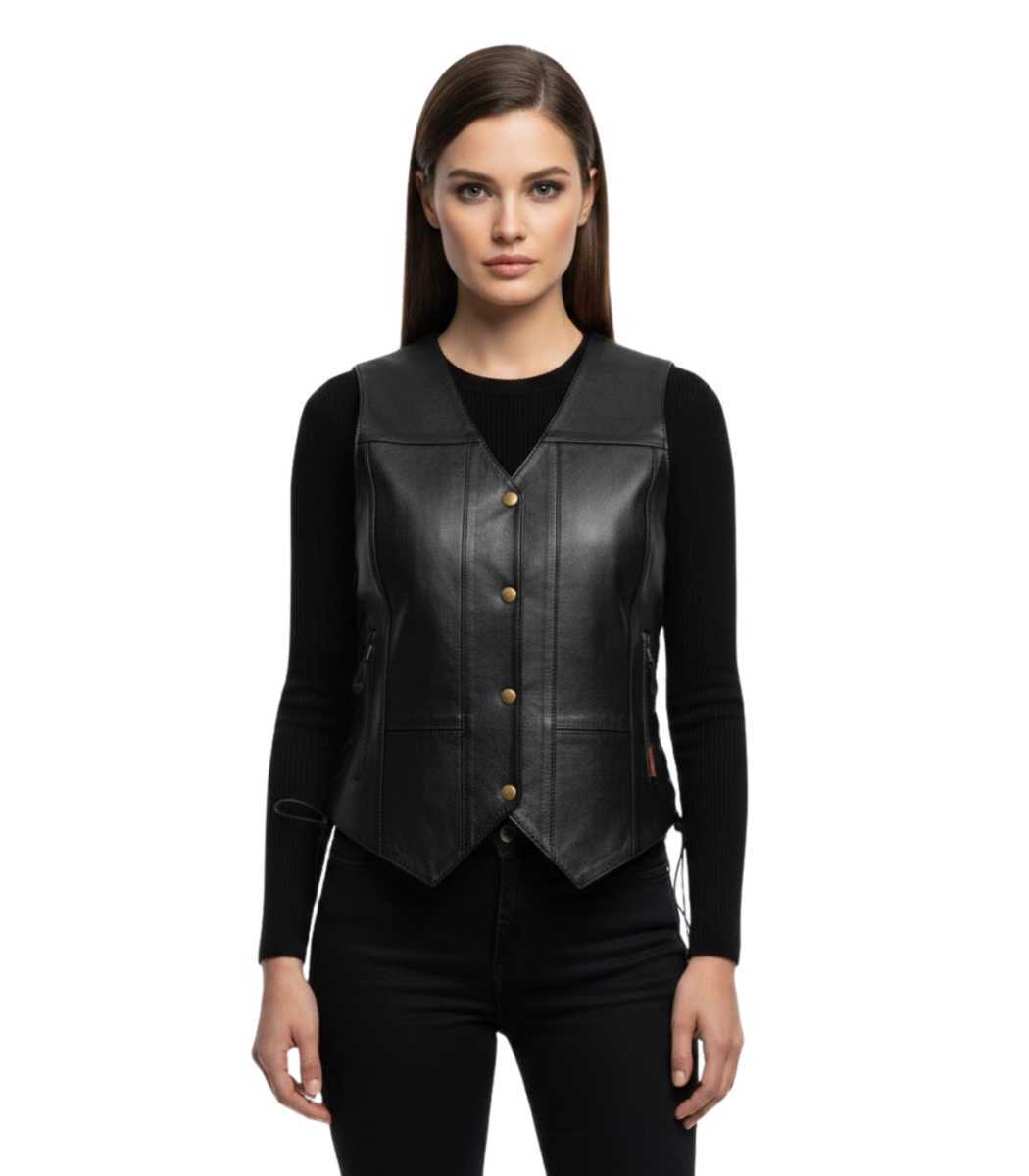 1 Ladies Black Motorcycle Ten Pocket Leather Biker Vest - Image 1