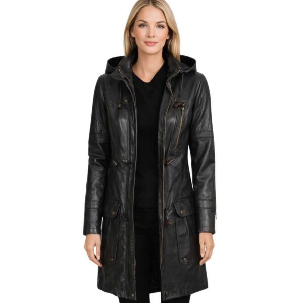 Women's Black Hooded Leather Coat - Embla