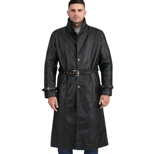 Men's Black Leather Trench Coat - Hermod