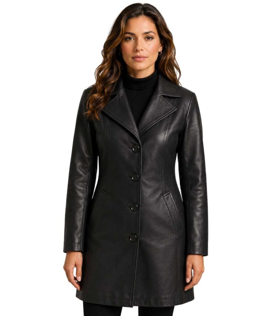 Women Black Real Leather Car Coat