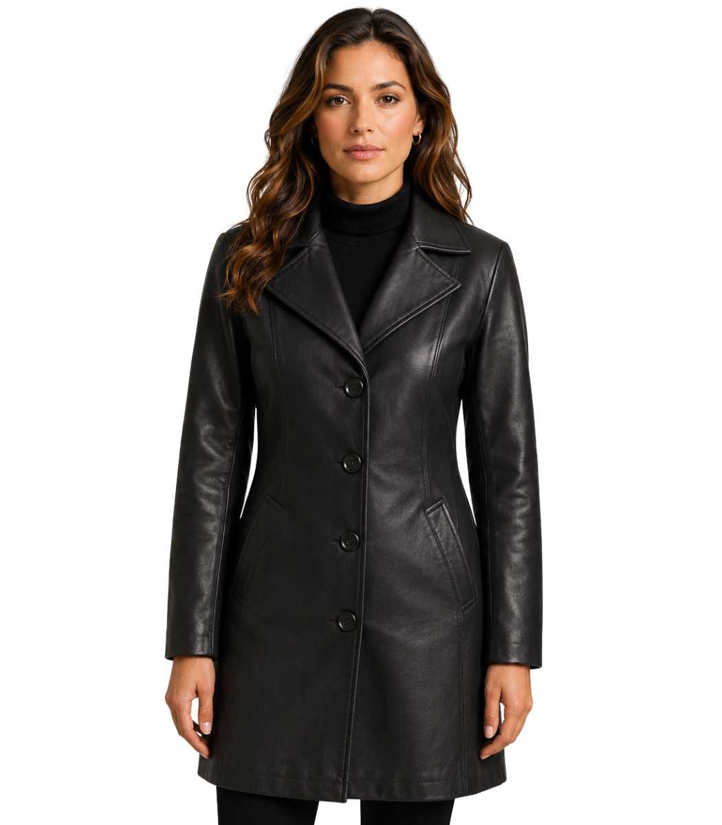 Women Black Real Leather Car Coat Women Black Real Leather Car Coat