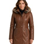 Womens Zipper Button Brown Leather Long Coat