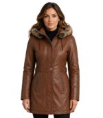 Womens Zipper Button Brown Leather Long Coat