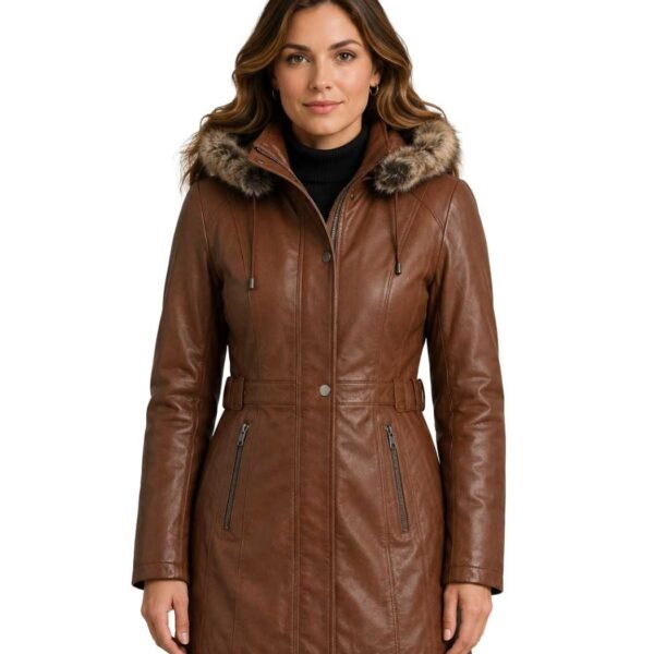 Women's Brown Zipper-Button Leather Long Coat - Oda