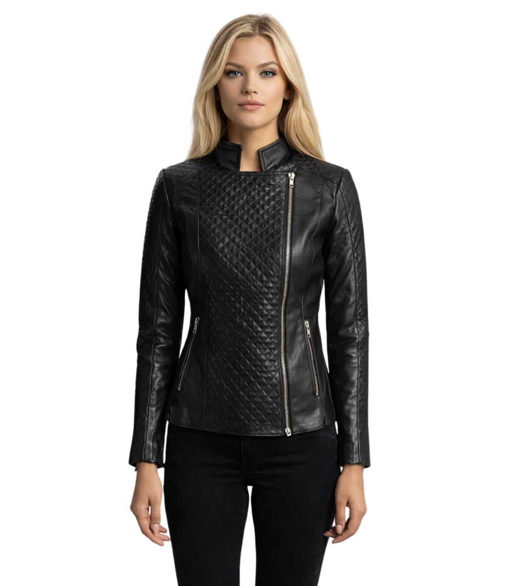 1 Orient Grain Quilted Black Leather Biker Jacket - Image 1