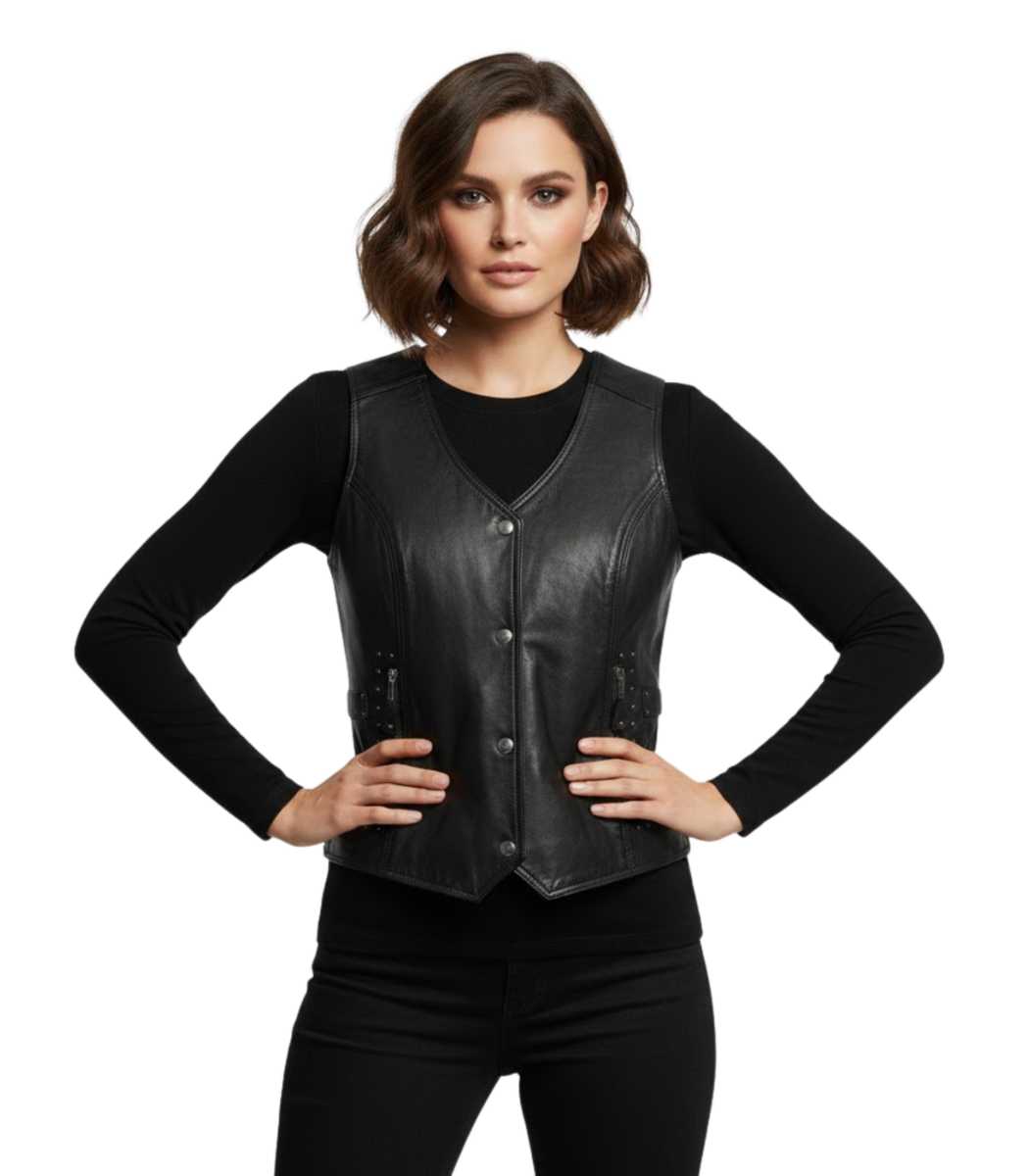 1 Motorcycle Style Black Leather Biker Vest - Image 1