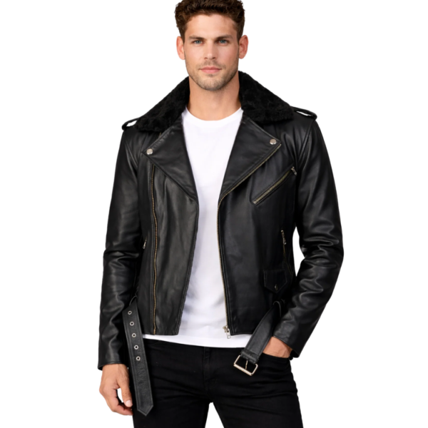 Men's Black Leather Biker Jacket - Knut
