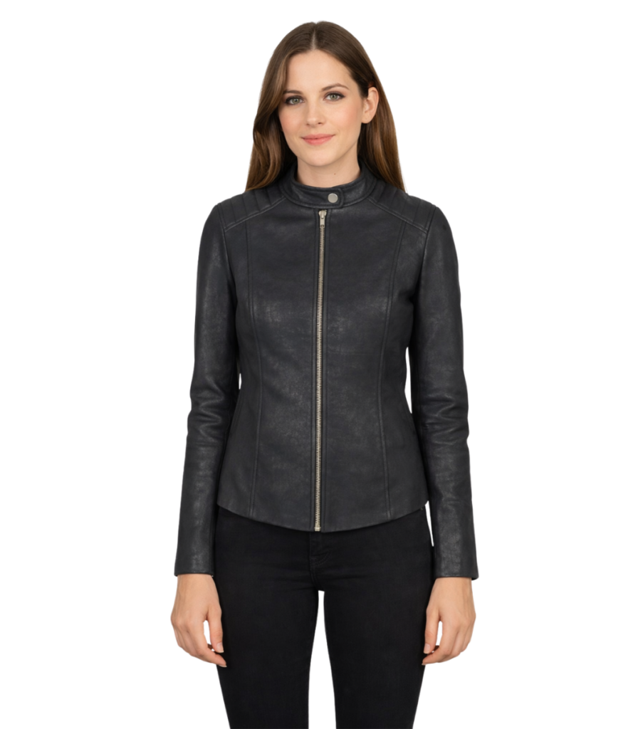 Kelsee Distressed Black Leather Biker Jacket