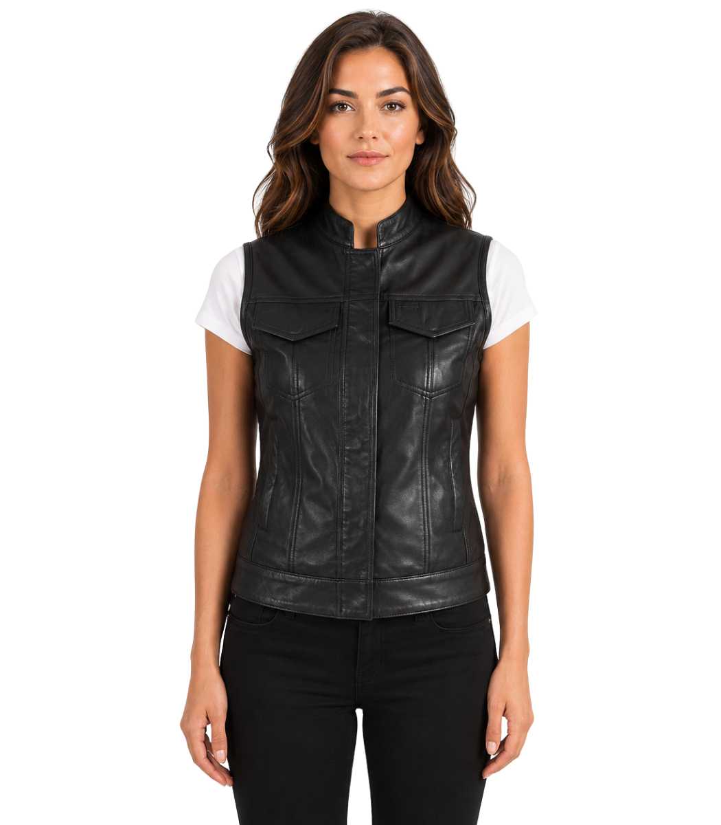 1 Women's Moto Black Leather Vest ? Sonja - Image 1