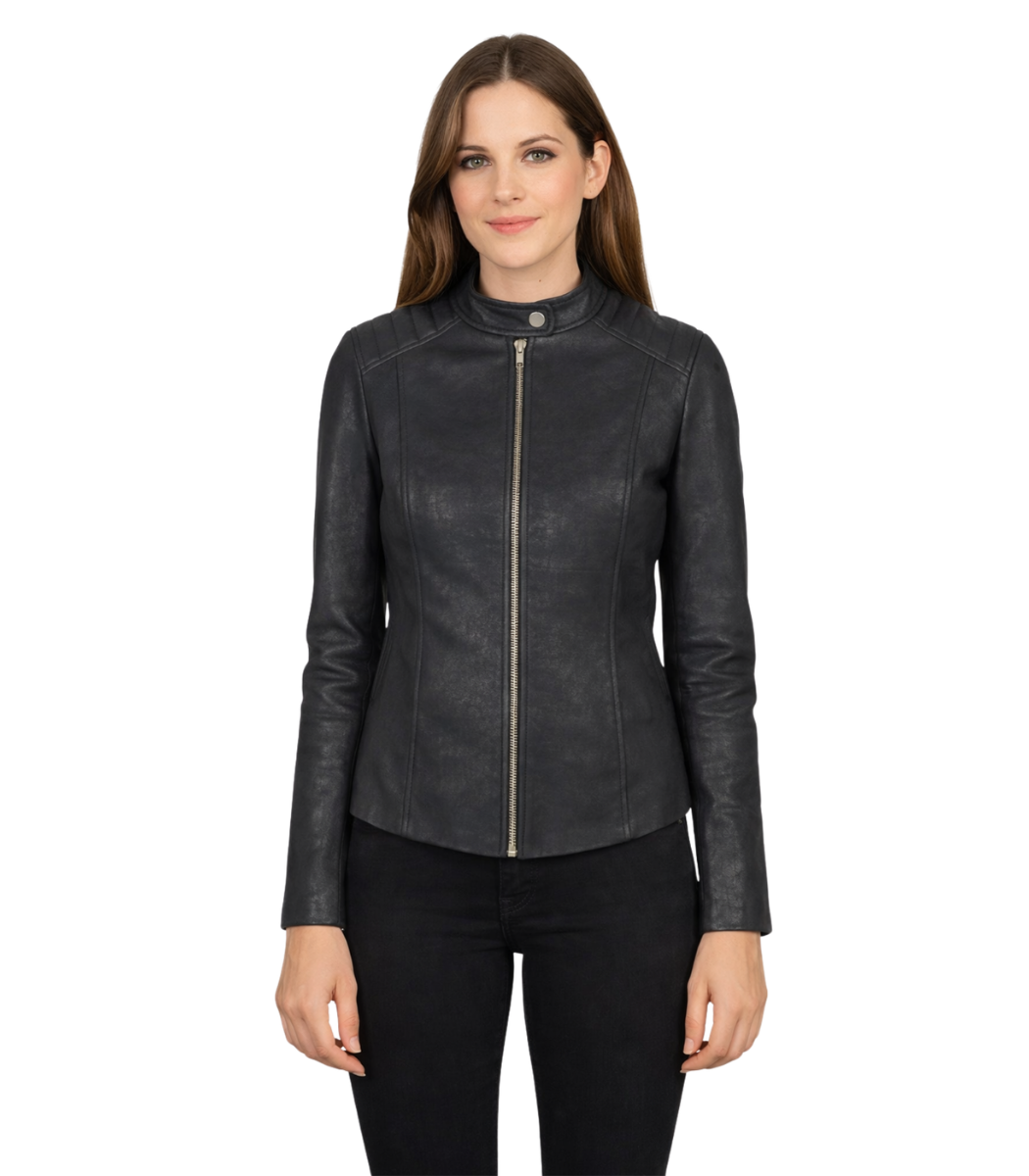Kelsee Distressed Black Leather Biker Jacket Kelsee Distressed Black Leather Biker Jacket