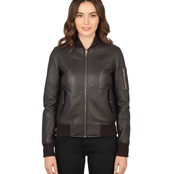 Women's Brown MA-1 Leather Bomber Jacket - Ingrid