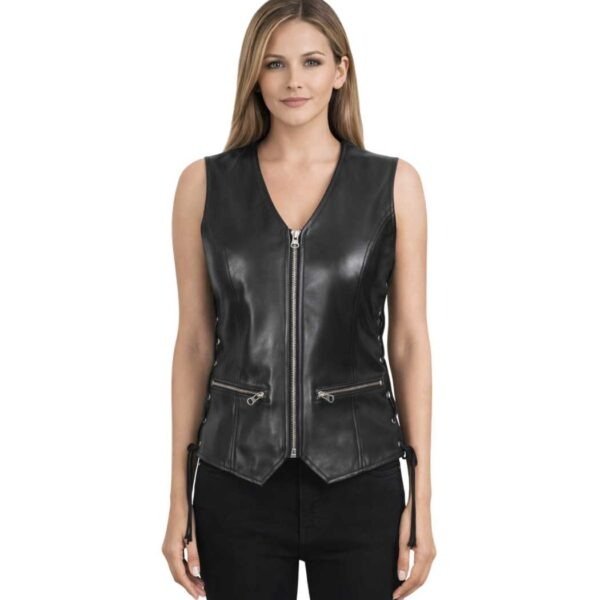 Women's Black Motorcycle Leather Vest - Vibeke