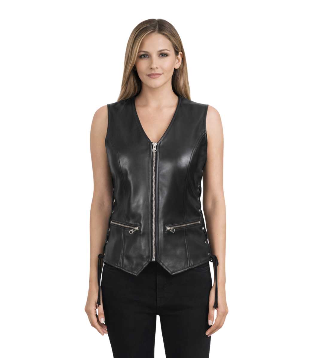 1 Ryder Women’s Black Motorcycle Leather Vest - Image 1