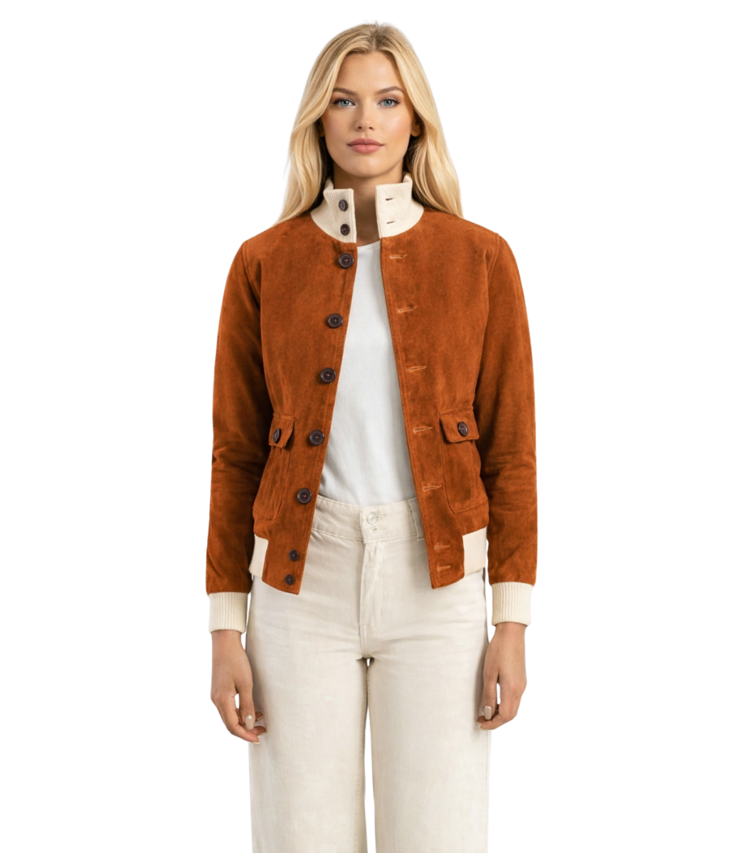 1 Women's Brown Suede A-1 Bomber Jacket – Linnea - Image 1