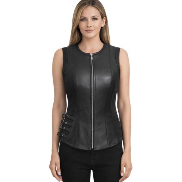 Women's Black Leather Biker Vest - Hilde