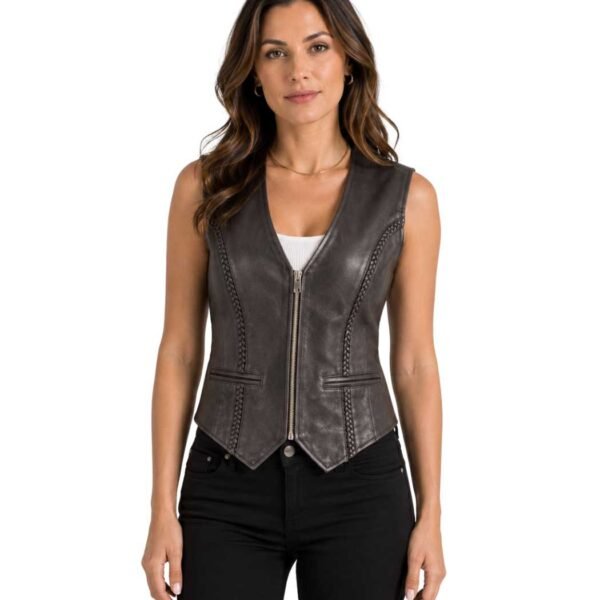 Women's Braided Zip-Front Leather Vest ? Inga