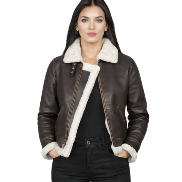 Women's B-3 Brown Shearling Leather Bomber Jacket - Astrid