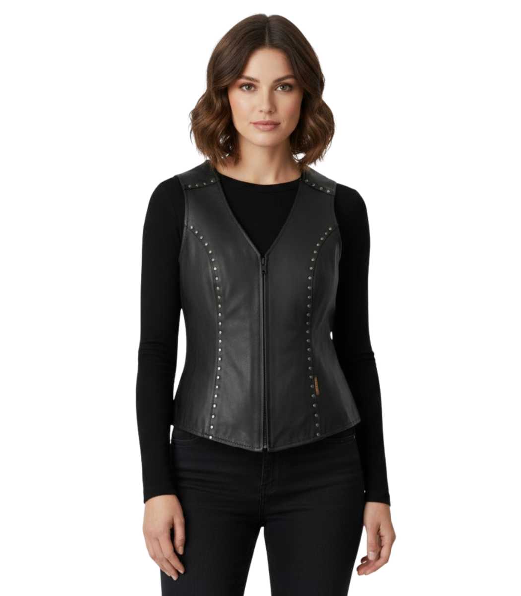 1 Studded Black Leather Biker Vest - Image 1