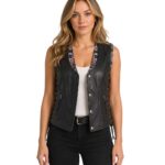 Sugar Skull Lined Black Leather Vest