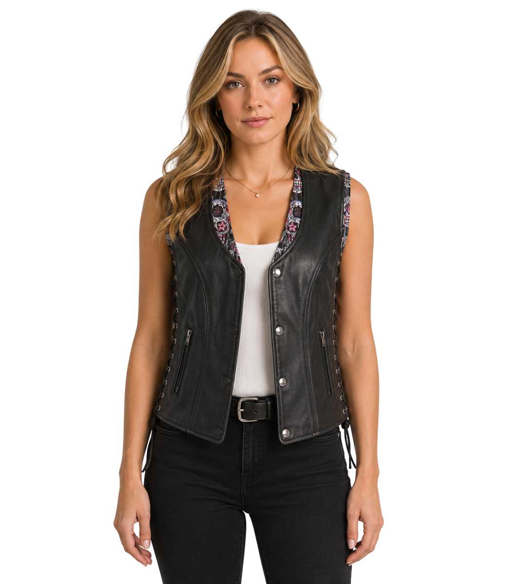 1 Sugar Skull Lined Black Leather Vest - Image 1