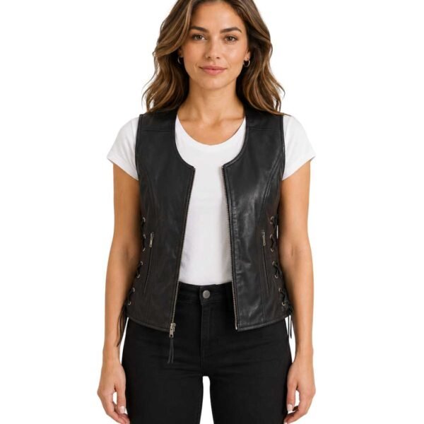 Women's Black Leather Biker Vest - Ase