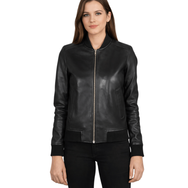 Women's Black Leather Bomber Jacket - Klara