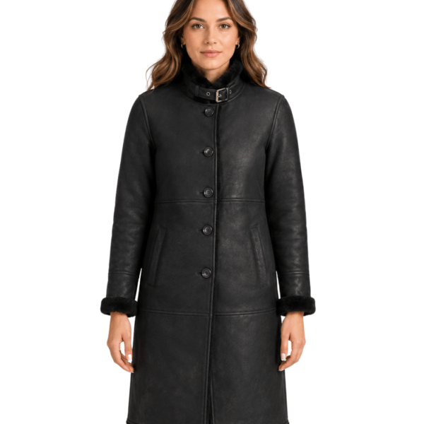 Women's Black Shearling Leather Coat - Agneta