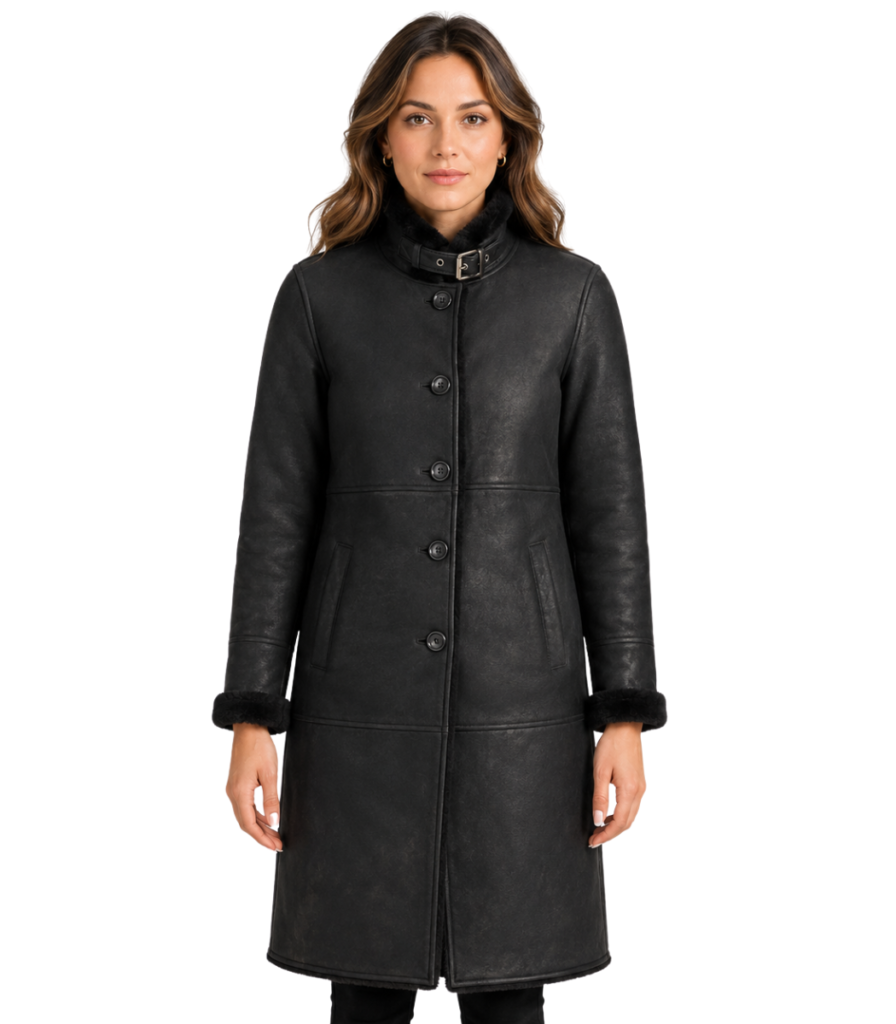 Alina Shearling Black Leather Coat